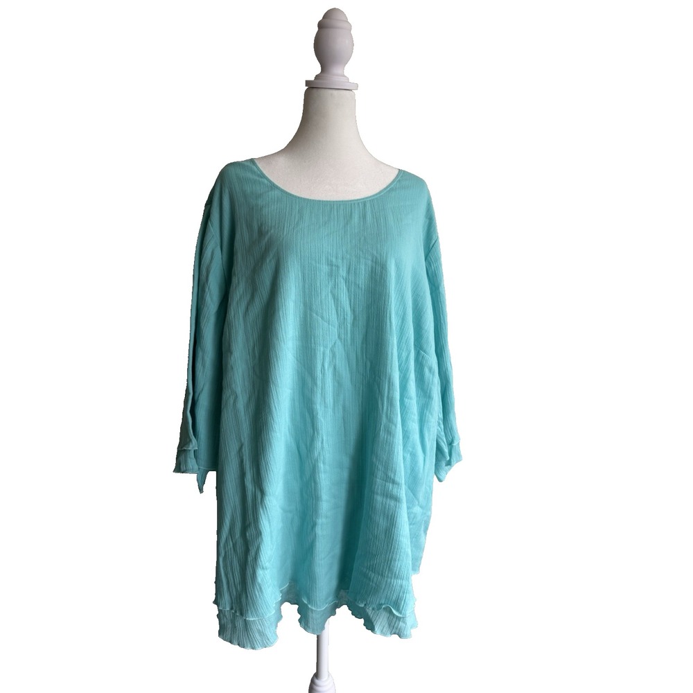 Soft Surroundings Tunic Womens 2X Turquoise Crinkle Gauze Ruffle Coastal Boho